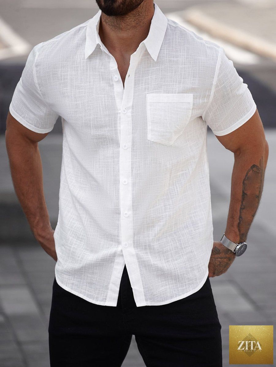 Mandotos men's short-sleeve cotton shirt with a front pocket, casual and comfortable for everyday wear.