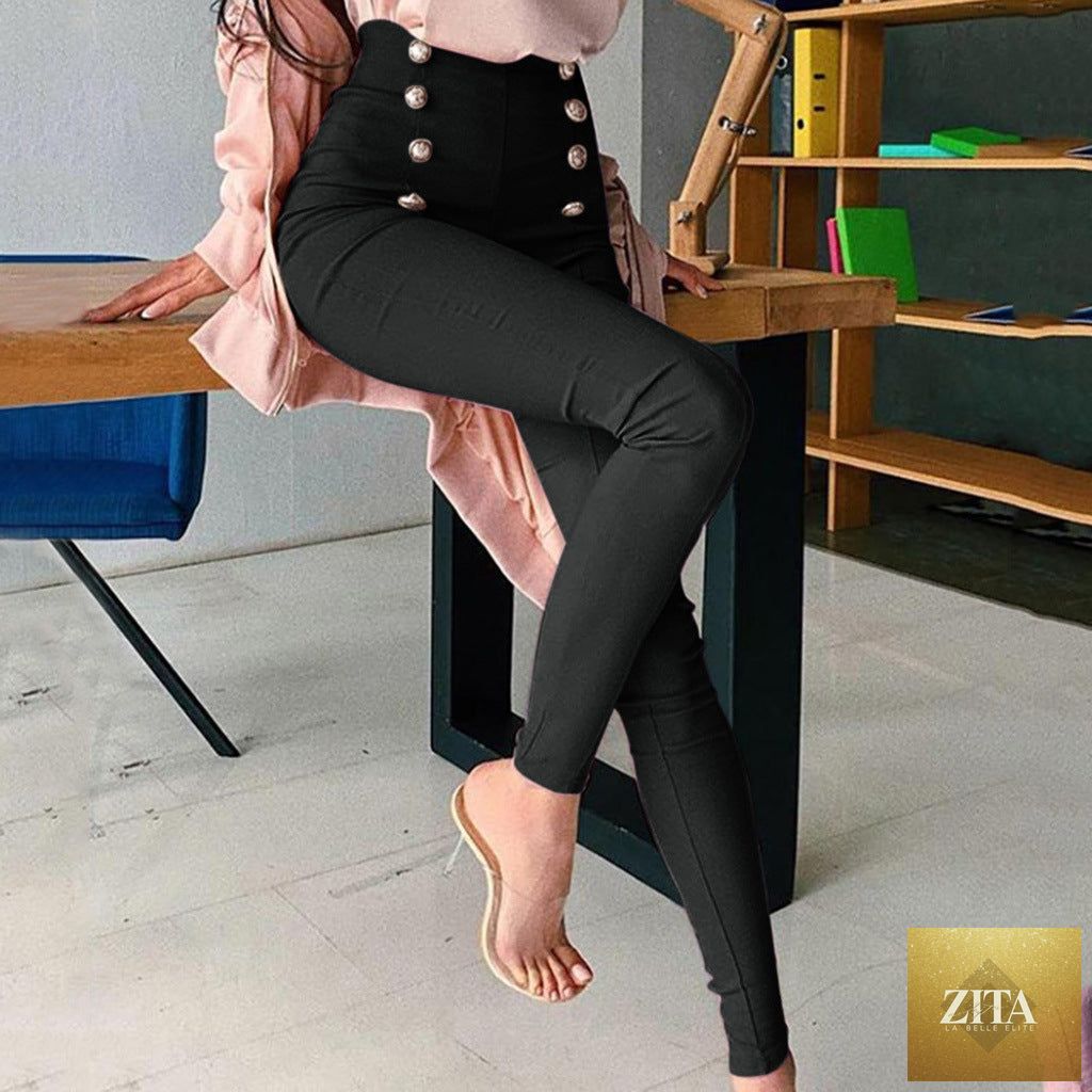 Women's high-waisted casual pants with European and American patchwork, featuring stylish design and comfortable fit.