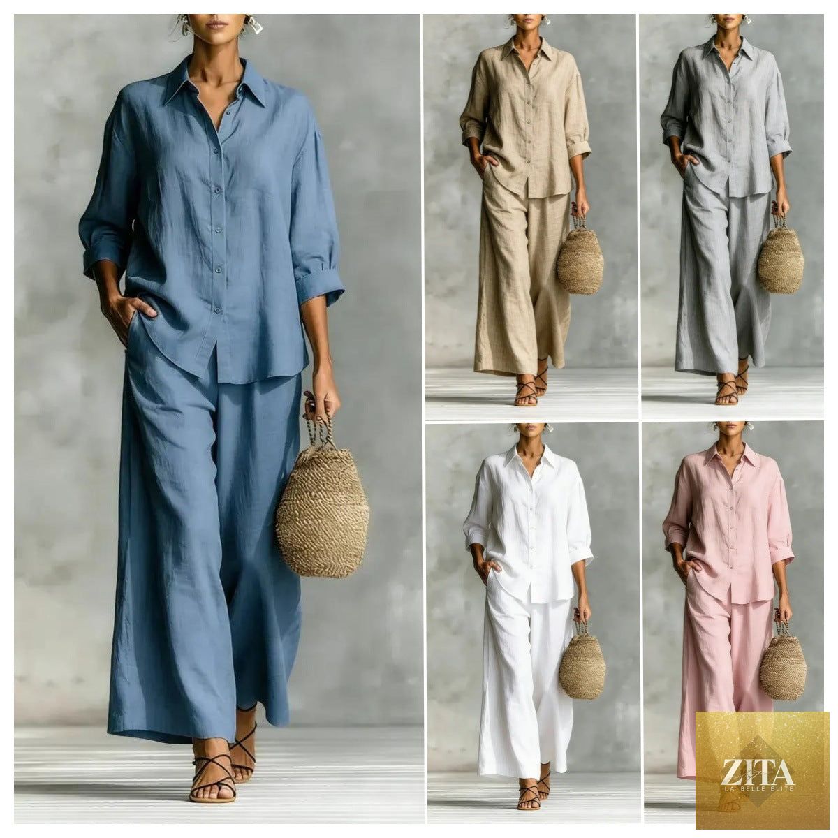 Zita La Belle Elite casual cotton-linen shirt and wide-leg pants suit in multiple colors, with a relaxed fit and stylish design.