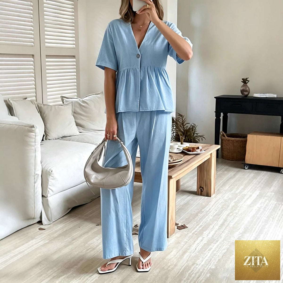Zita La Belle Elite women's casual V-neck loose short-sleeve top and wide-leg pants set, stylish and comfortable for everyday wear.