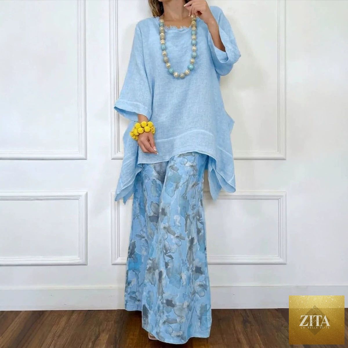 Cotton-linen irregular hem drop-shoulder top and wide-leg pants set by Zita La Belle Elite in three colors, casual and stylish.