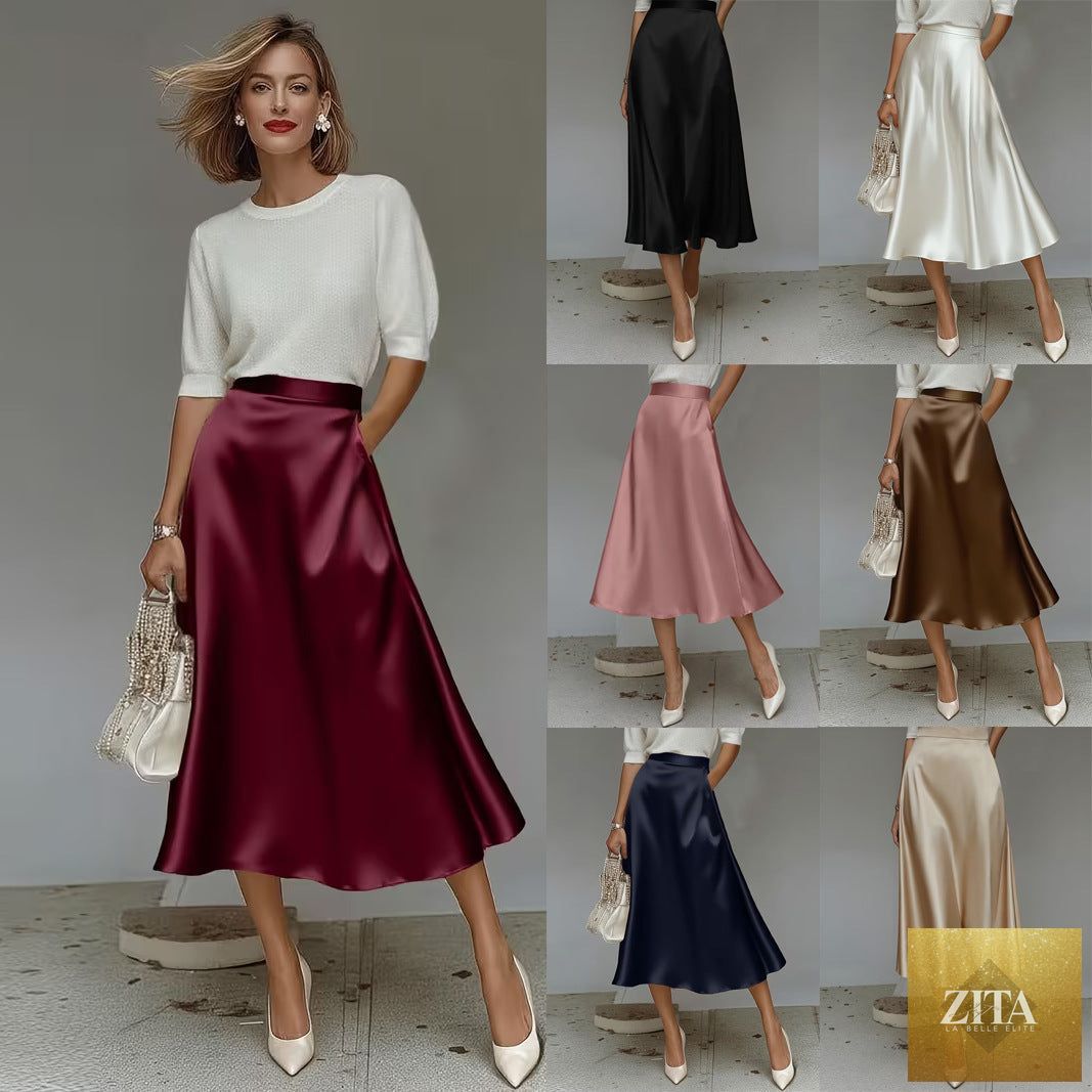 Women's satin solid color mid-length skirt by Zita La Belle Elite with slight stretch, smooth fabric and elegant design.