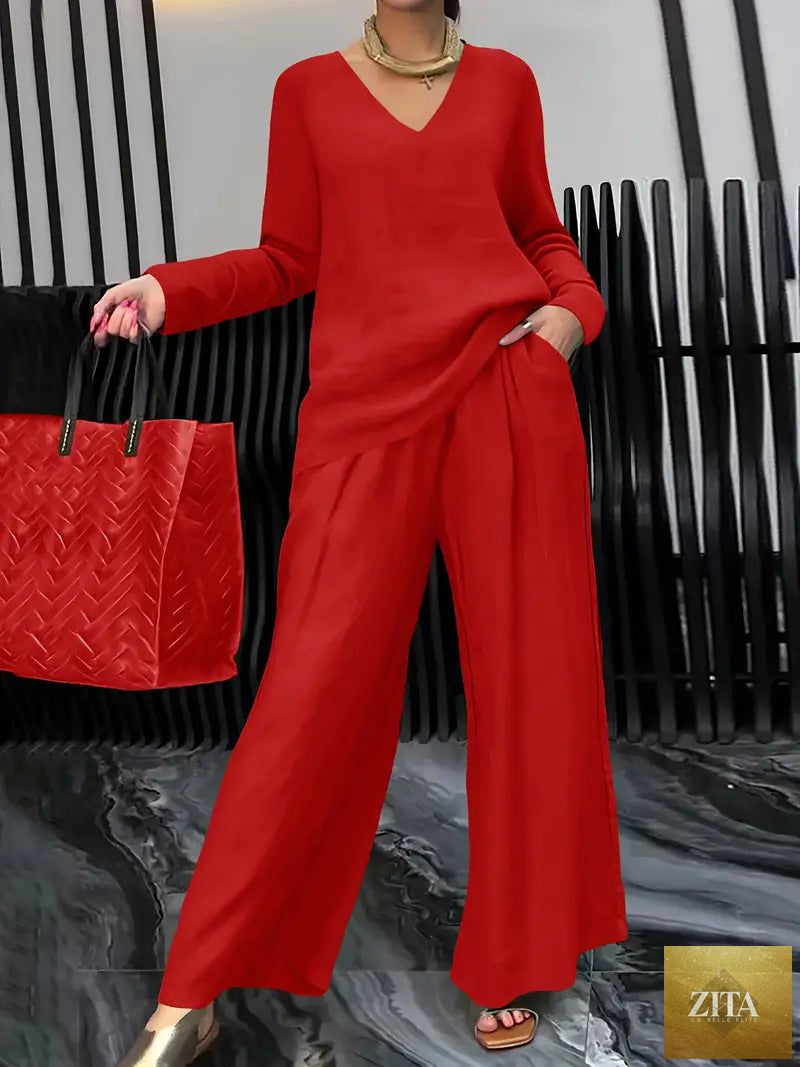 FitiqueFit solid color long sleeve top and pants two-piece travel set, comfortable casual wear for women.