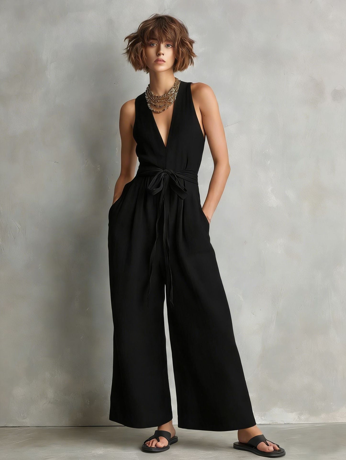 Women's Elegant V-Neck Sleeveless Commuter Jumpsuit
