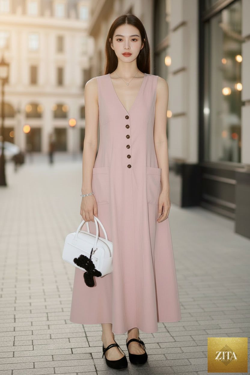 Women's sleeveless V-neck button-up pencil dress in casualwear style, featuring a fitted silhouette and elegant design by FitiqueFit.