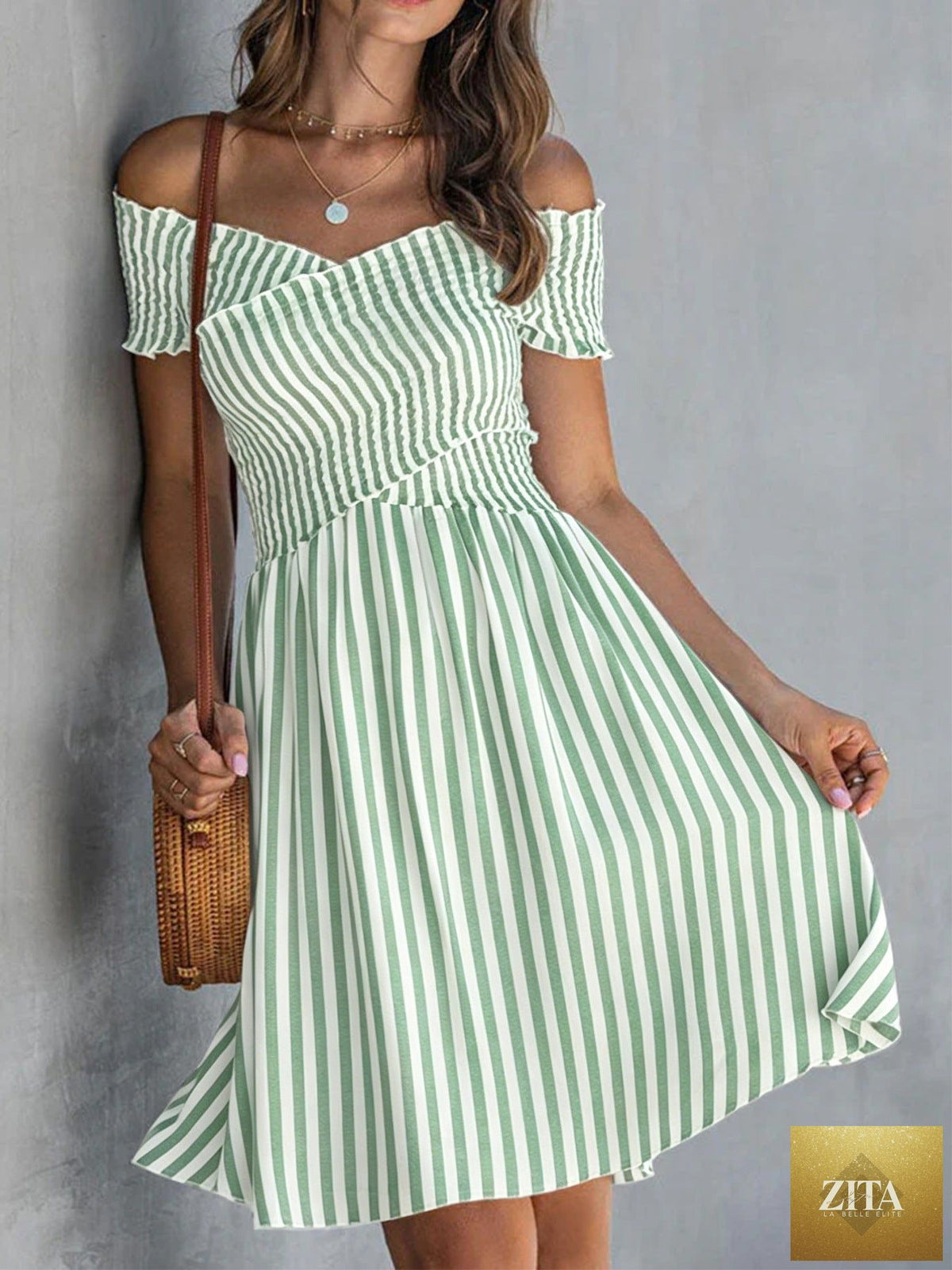 Women's off-shoulder striped waist-cinching midi dress by Zita La Belle Elite, casualwear style with a fitted silhouette and bold stripes.