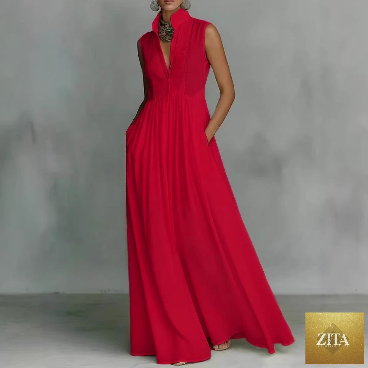Women's French-style high-waist midi dress with ribbon tie, casualwear by FitiqueFit, featuring a fitted bodice and flowy skirt.