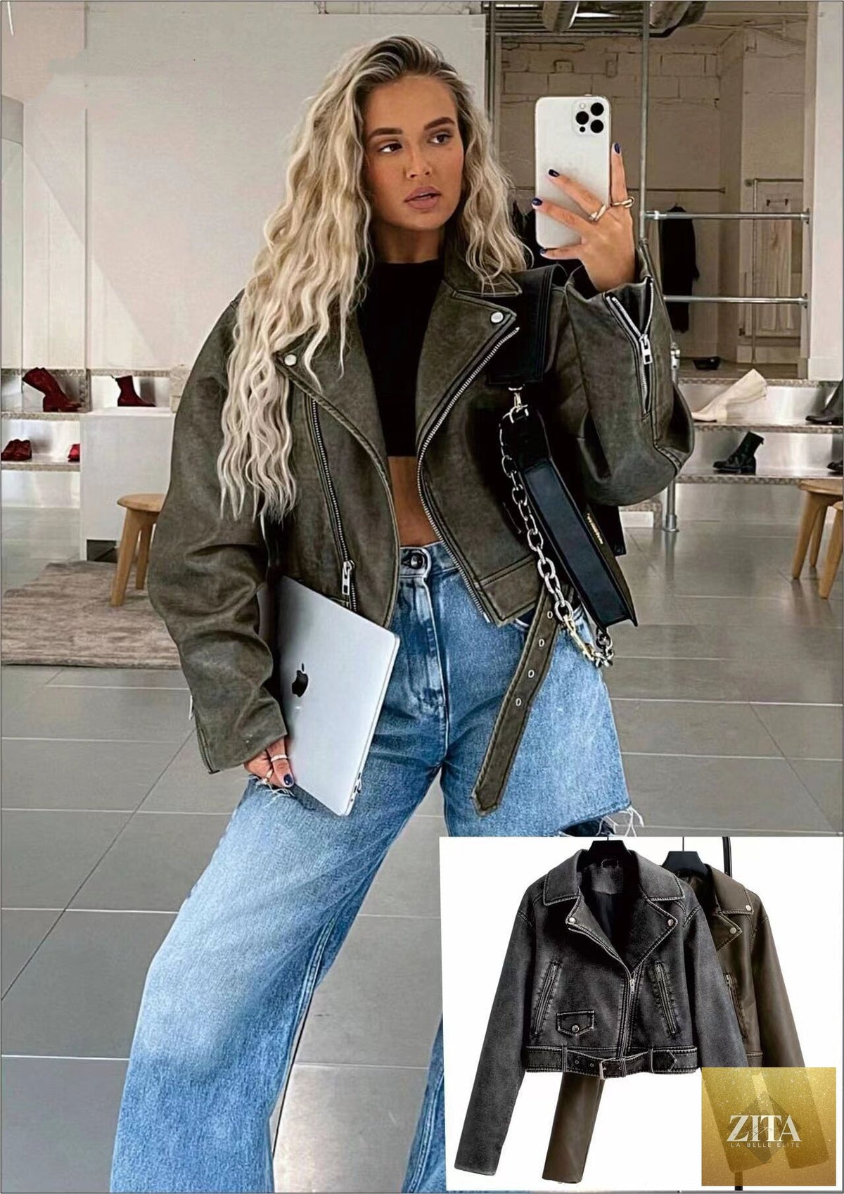 Women's washed leather motorcycle jacket with worn leather finish, casual leisure coat, stylish and durable by LadyShow.Store
