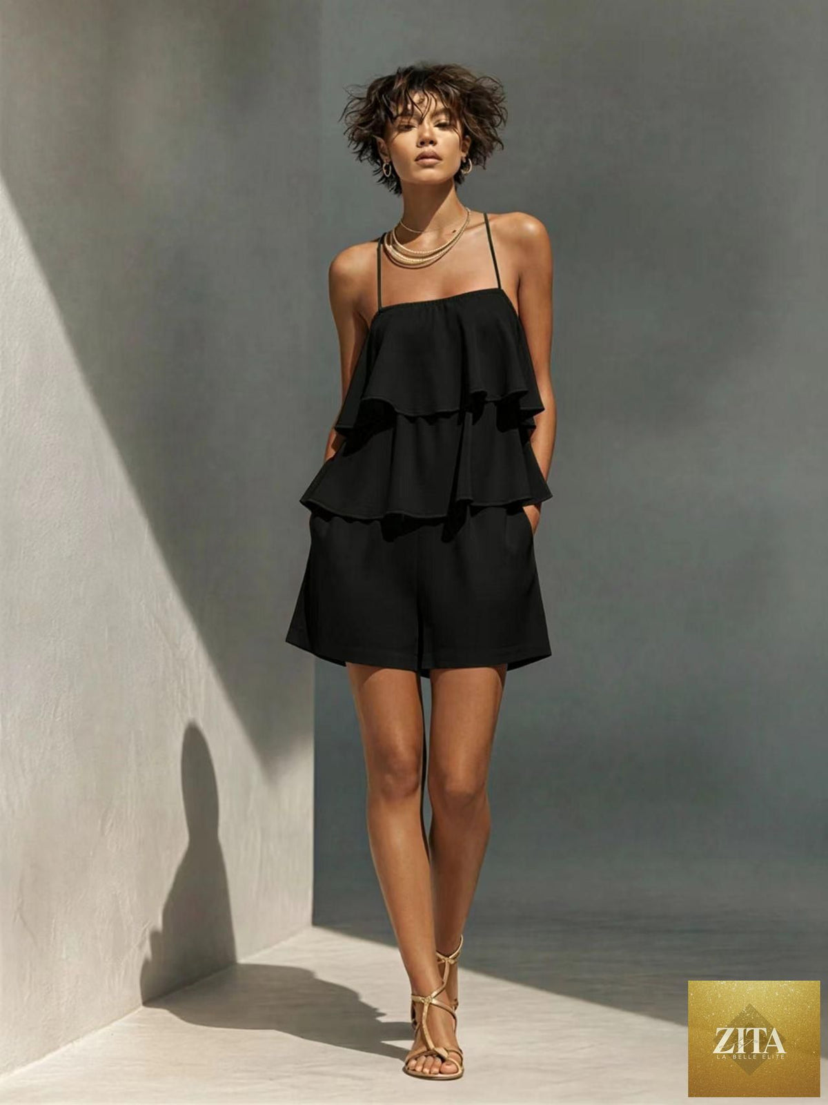Women's multi-layer ruffle camisole and shorts set by Zita La Belle Elite, casualwear with layered ruffle details and comfortable fit.