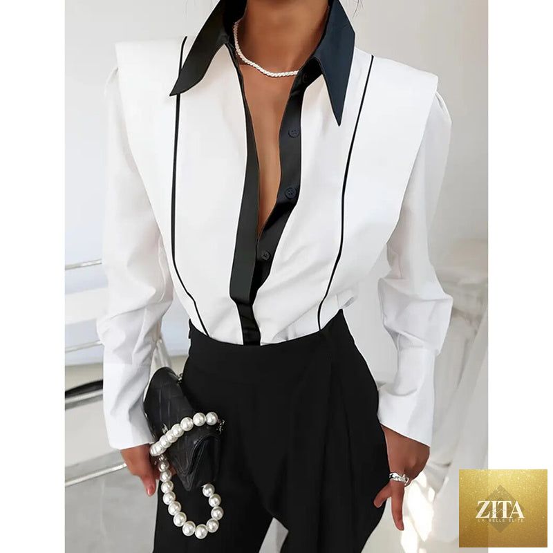 Women’s black and white colorblock casual shirt by FitiqueFit, featuring a stylish colorblock design and comfortable fit.