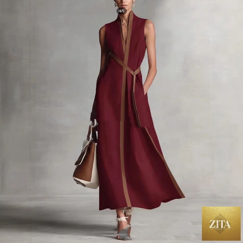 Women’s patchwork cardigan and wide-leg linen pants set by Zita La Belle Elite, featuring colorblock casualwear ensemble.