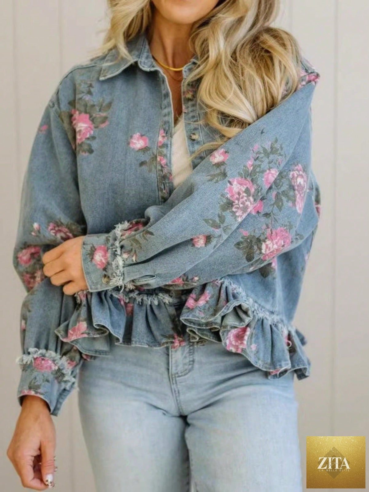 Women's retro floral print denim jacket by FitiqueFit with long sleeves, collared neckline, ruffled hem, and short style.