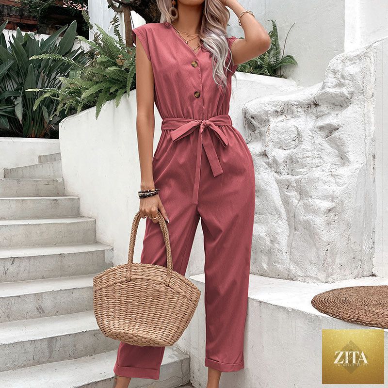 Women's high-waist cropped strap jumpsuit by Zita La Belle Elite in casualwear style, available in seven colors, size S to XL.