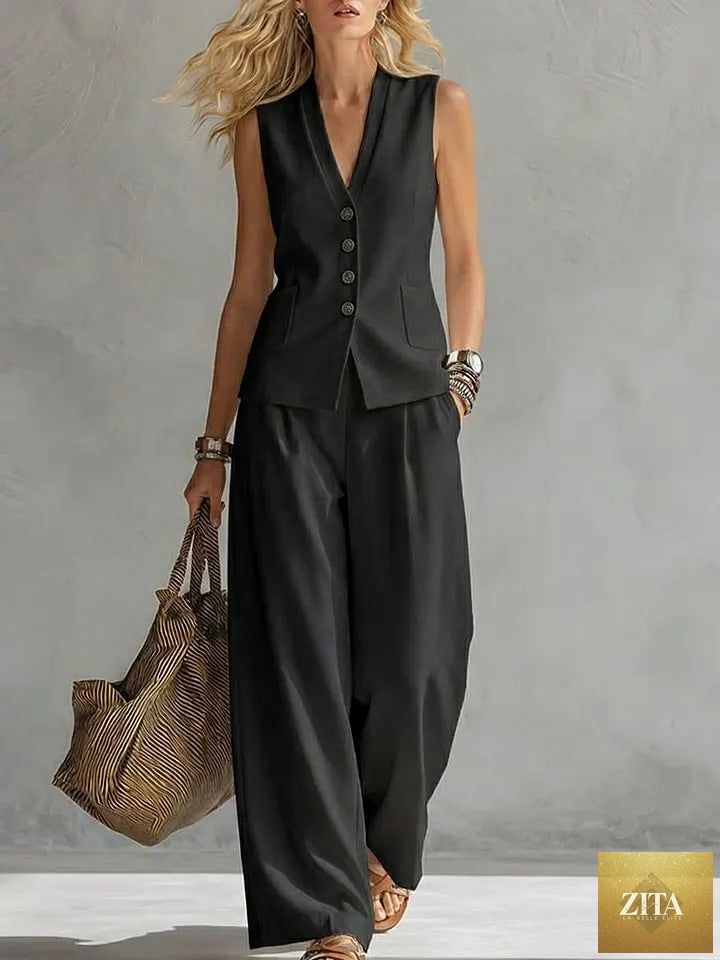 Zita La Belle Elite women's solid linen sleeveless tank top and full-length pants casualwear set, lightweight and comfortable.