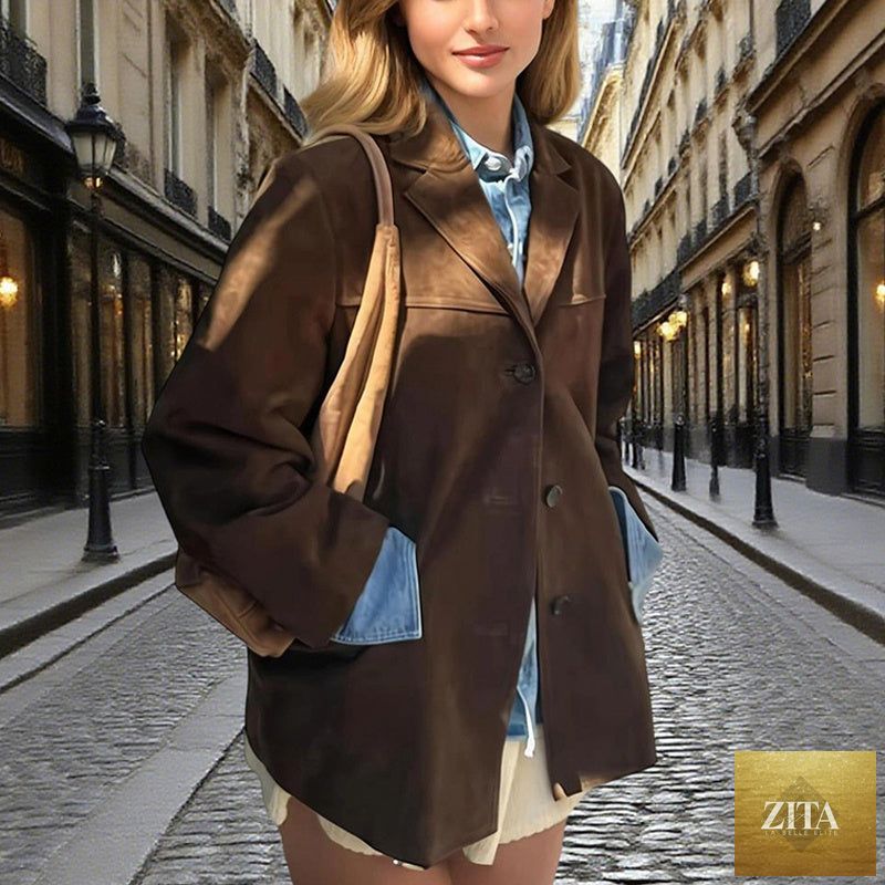 Suede-look blazer jacket by FitiqueFit featuring a V-notch lapel and button-front casual coat design.