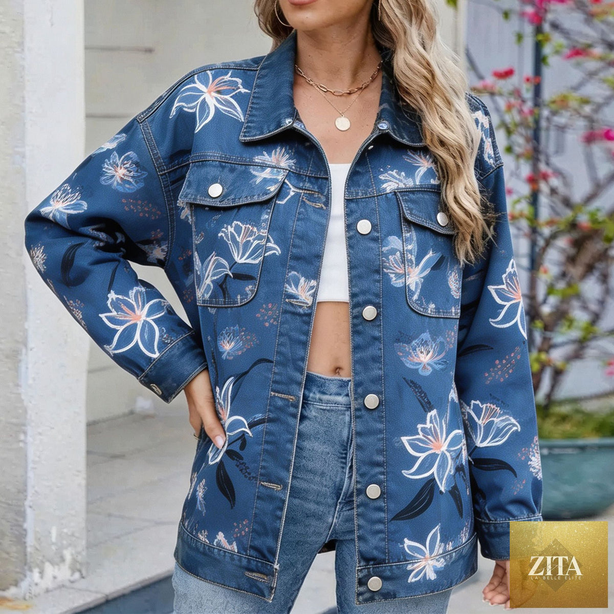 Women's Botanical Print Drop-Shoulder Denim Jacket