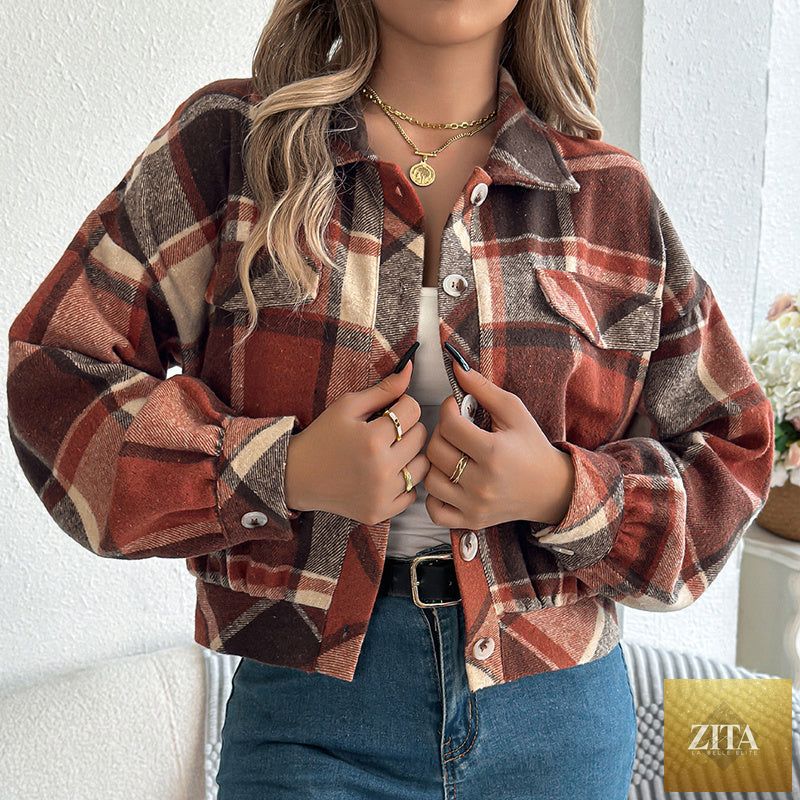 Women’s plaid shacket by FitiqueFit featuring long sleeves, button-down front, and a stylish checkered pattern.