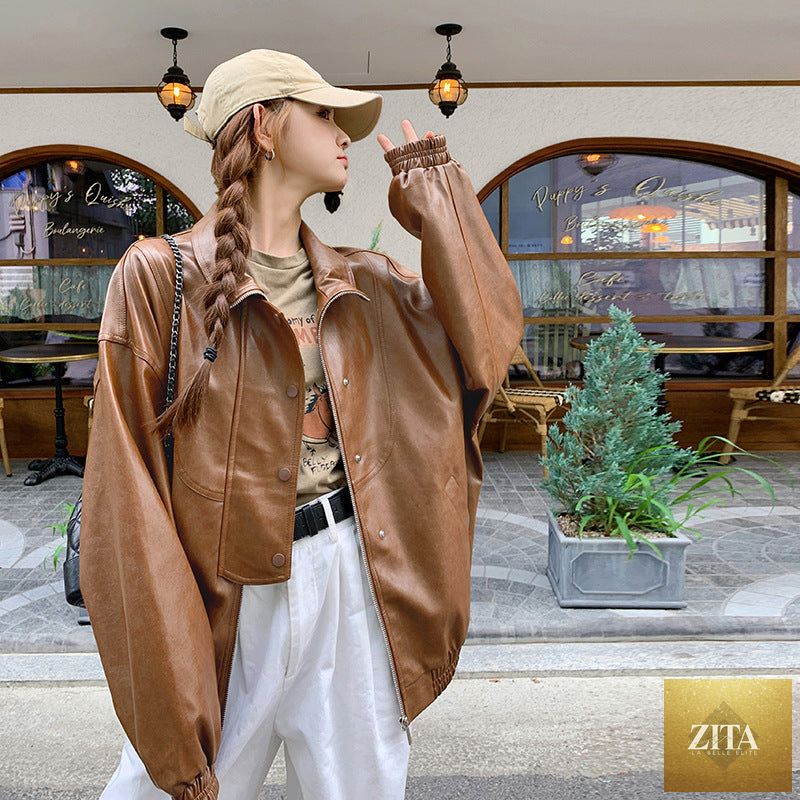 High-grade casual leather motorcycle jacket from LadyShow.Store, featuring a stylish design and durable leather construction.
