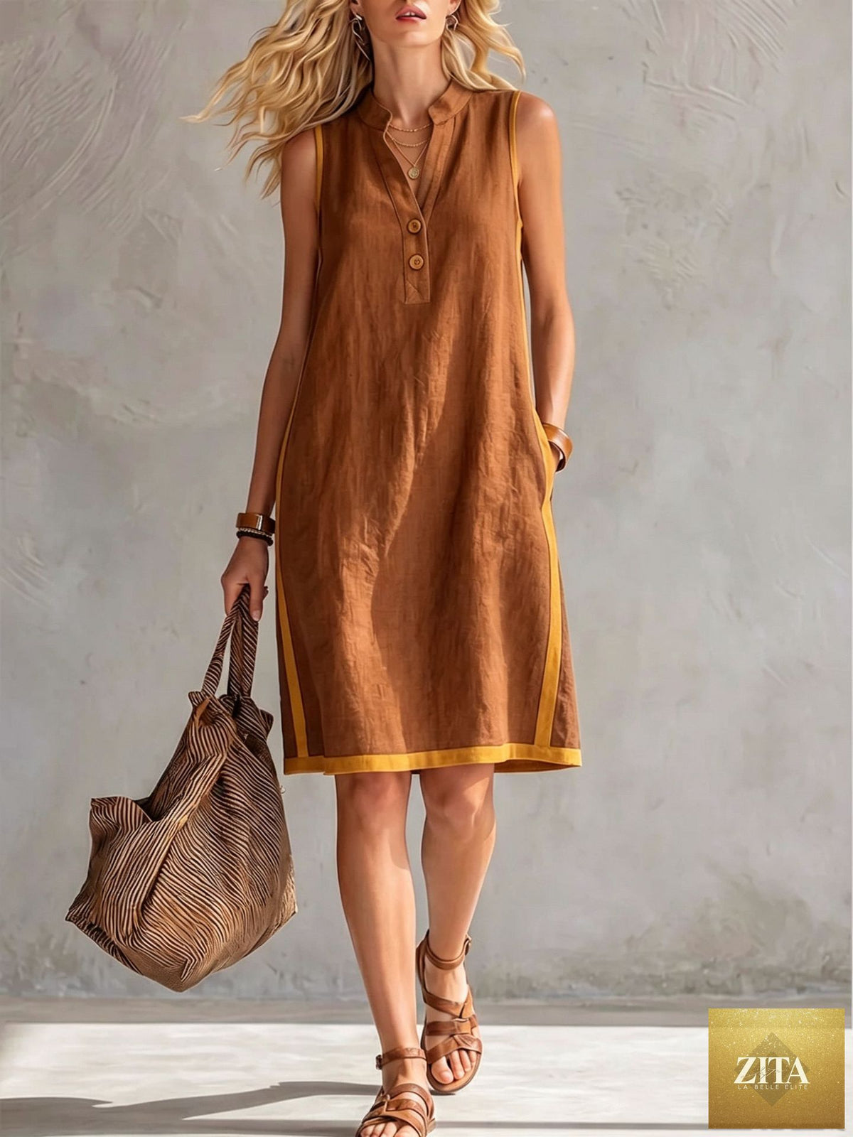 Women's sleeveless V-neck button-front A-line midi dress with pockets, casualwear by FitiqueFit, shown on a model.