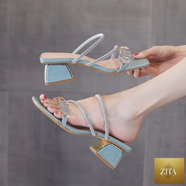 Women's Zita La Belle Elite Korean style rhinestone single strap slide sandals with mid chunky heel and open toe design.