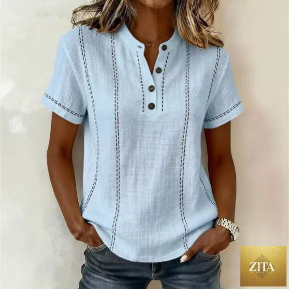 LadyShow.Store summer striped short-sleeve shirt with stand collar, V-neck, and button blouse for women's casual wear.