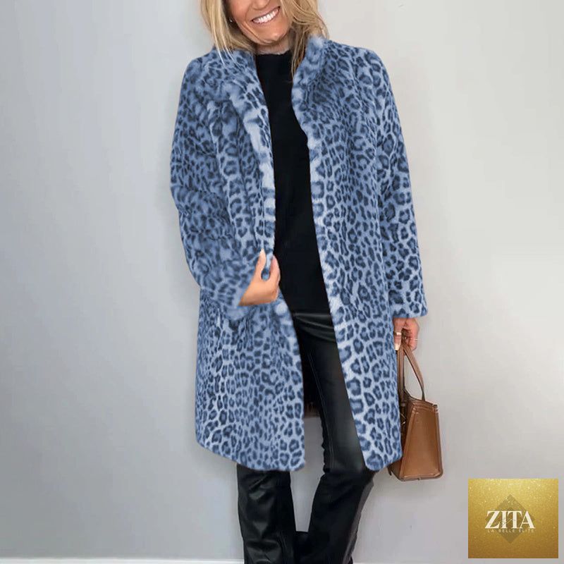 Leopard print plush jacket by FitiqueFit, cozy loose-fit mid-length outwear with a stylish animal print design.