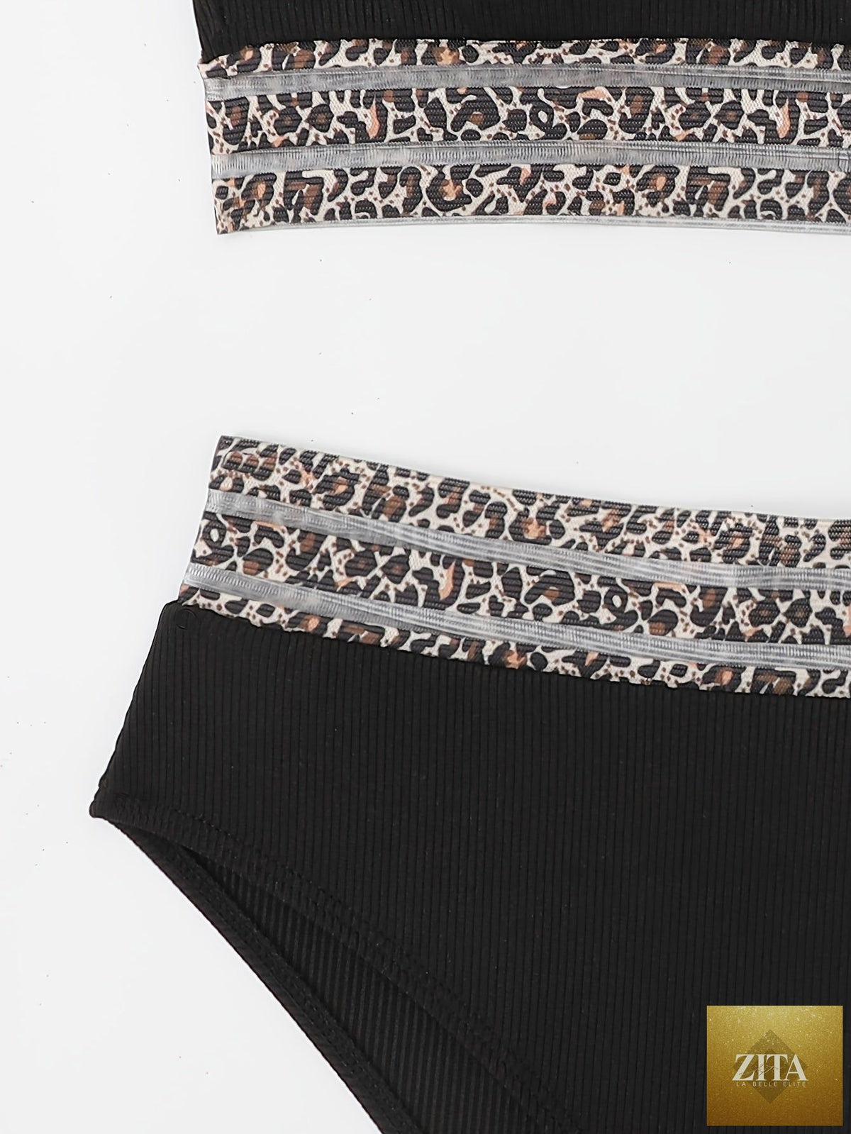 Stevvex leopard print bikini set with high waist and bandeau style, featuring mesh details for a chic swimwear look.