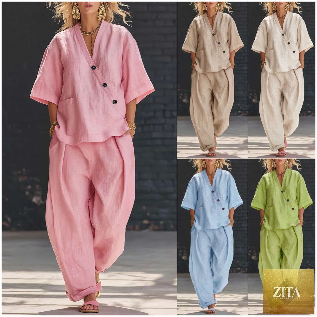 Zita La Belle Elite two-piece set featuring a V-neck short sleeve top and high-waist trousers, stylish and modern outfit.