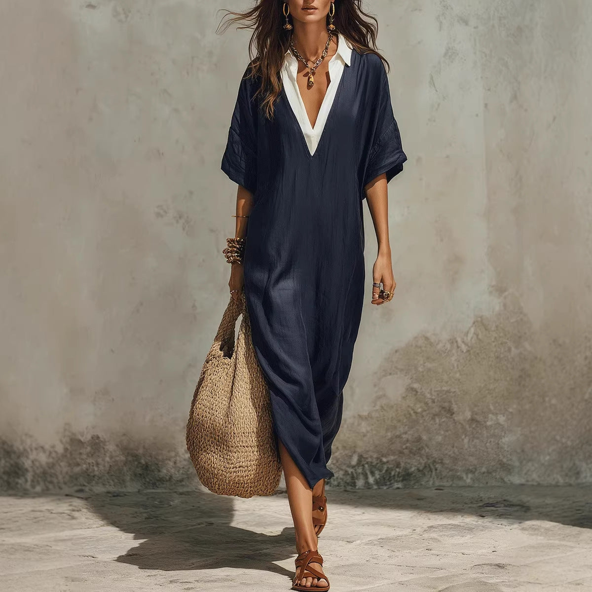 Women's linen midi dress by FitiqueFit featuring a V-neck, loose fit, cropped sleeves, and side pockets, perfect for casual wear.