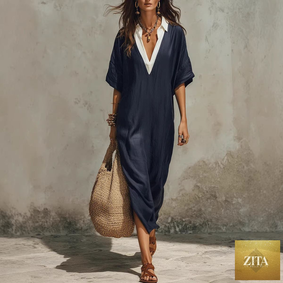 Women's linen midi dress by FitiqueFit featuring a V-neck, loose fit, cropped sleeves, and side pockets, perfect for casual wear.