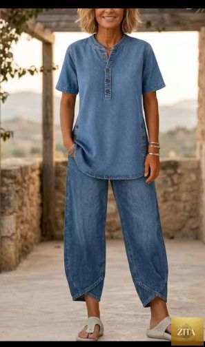 Zita La Belle Elite women's two-piece set with lapel button-up top and matching pants, featuring three-quarter sleeves.
