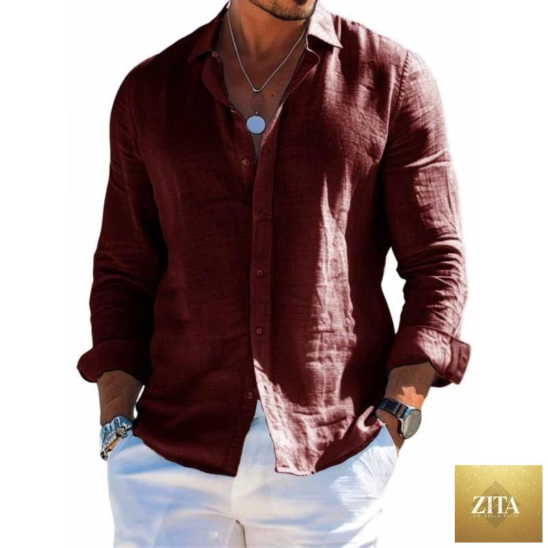 Men's casual long sleeve shirt by MANDOTOS, loose fit with lapel collar, solid color, plus size, button-up blouse on a model.
