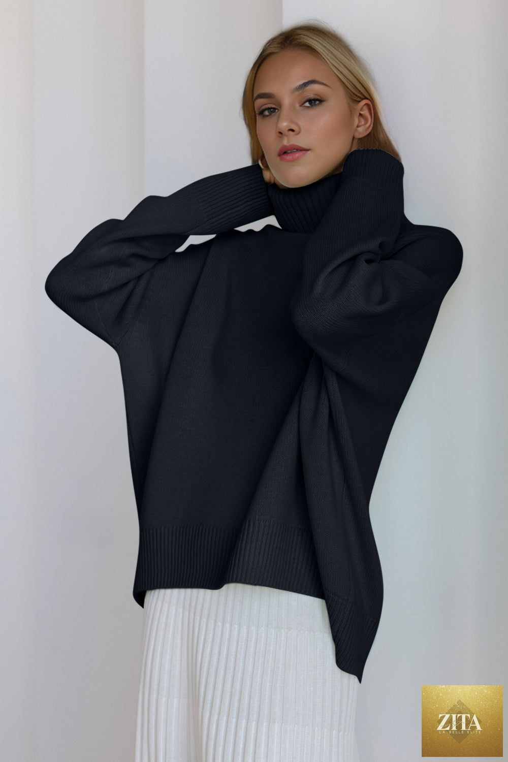 ShopBasicbae basic beige turtleneck sweater with dropped shoulders and long sleeves, styled casually on a model.
