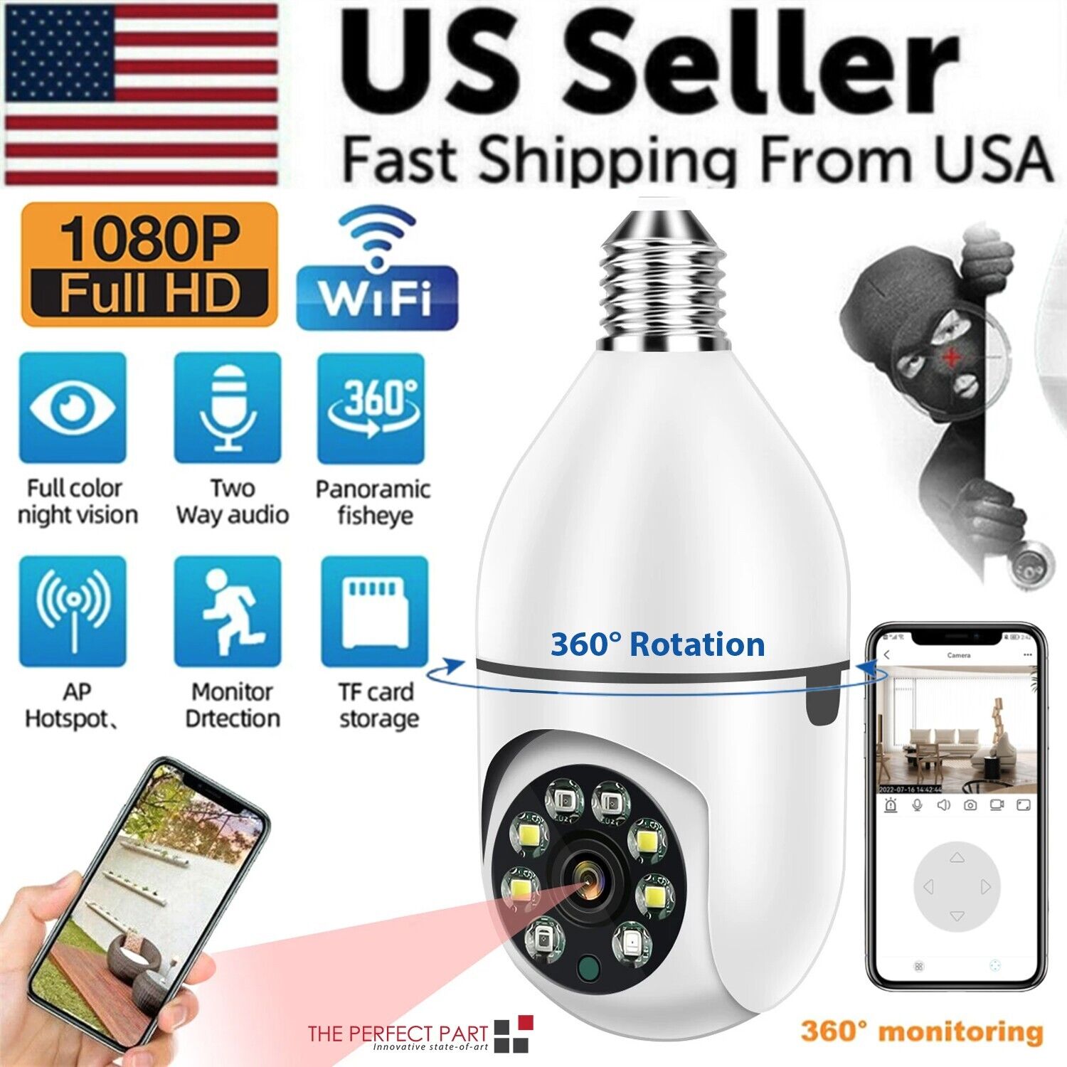 360° 1080P IP E27 Light Bulb Camera Wi-Fi IR Night Smart Home Wireless Puce Gaia