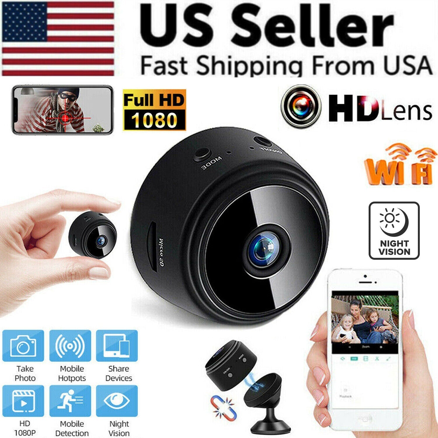 Mini Wireless Hidden Camera WiFi IP Home Security DVR Night Vision HD Puce Gaia