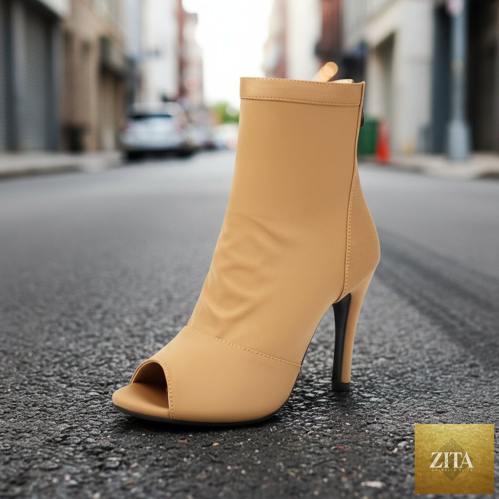 Women’s FitiqueFit peep toe stiletto boots with high heels and fishmouth design, stylish footwear for women.