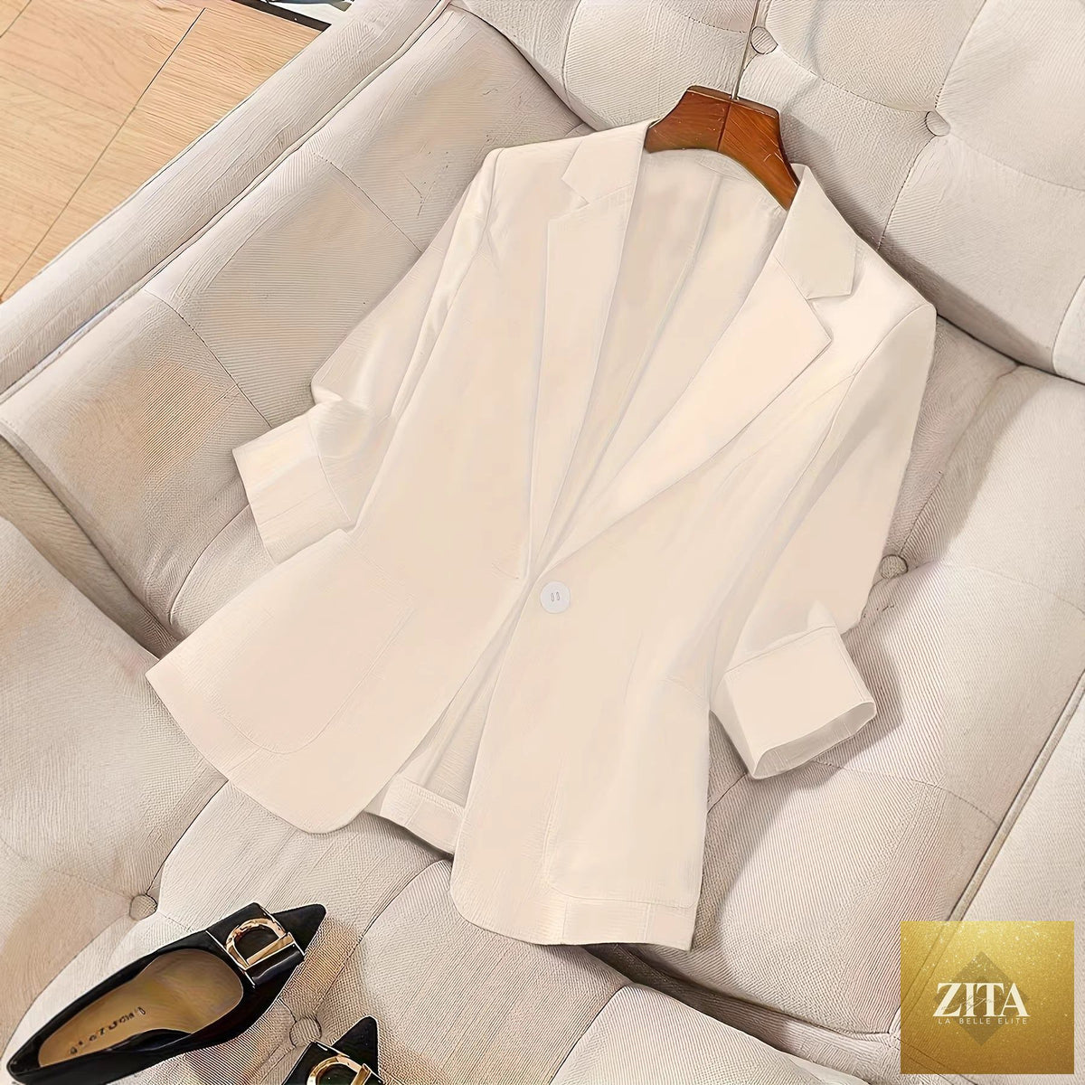 Women's three-quarter sleeve casual blazer by Zita La Belle Elite, single-button coat with a tailored fit and classic style.