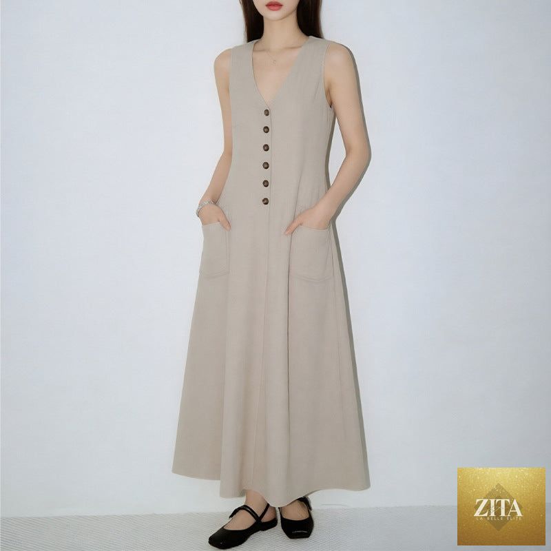 Women's V-neck sleeveless button-up pencil dress by FitiqueFit, featuring a fitted silhouette, V-neckline, and casual style.
