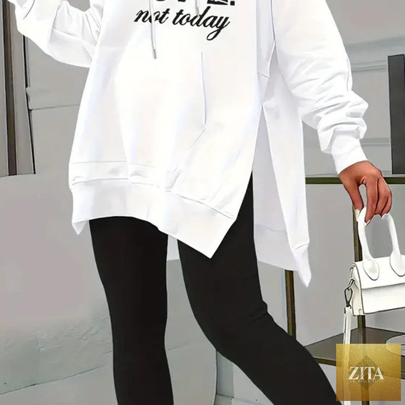 FitiqueFit casual 2-piece set with solid color leggings and letter print hooded sweatshirt, displayed on a hanger.