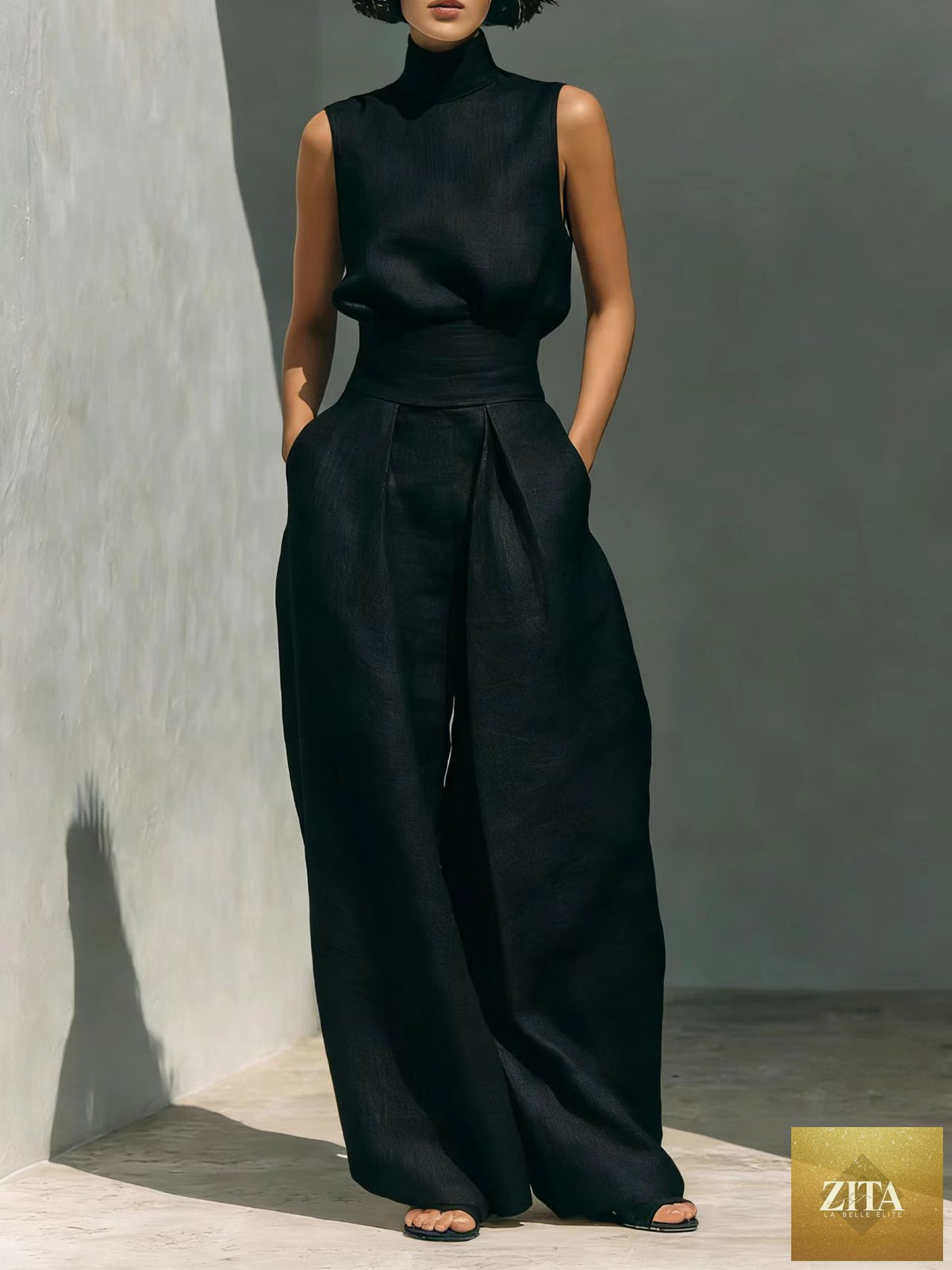 Women’s cotton linen two-piece casualwear set with sleeveless top and wide-leg pants by Zita La Belle Elite, displayed on a neutral background.