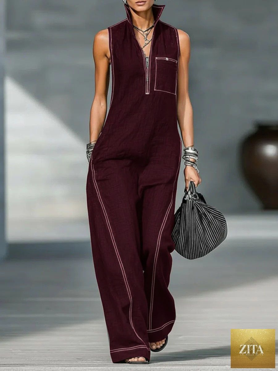 LadyShow summer casual sleeveless jumpsuit with stand-up collar, pockets, and trousers, ideal for stylish warm-weather wear.