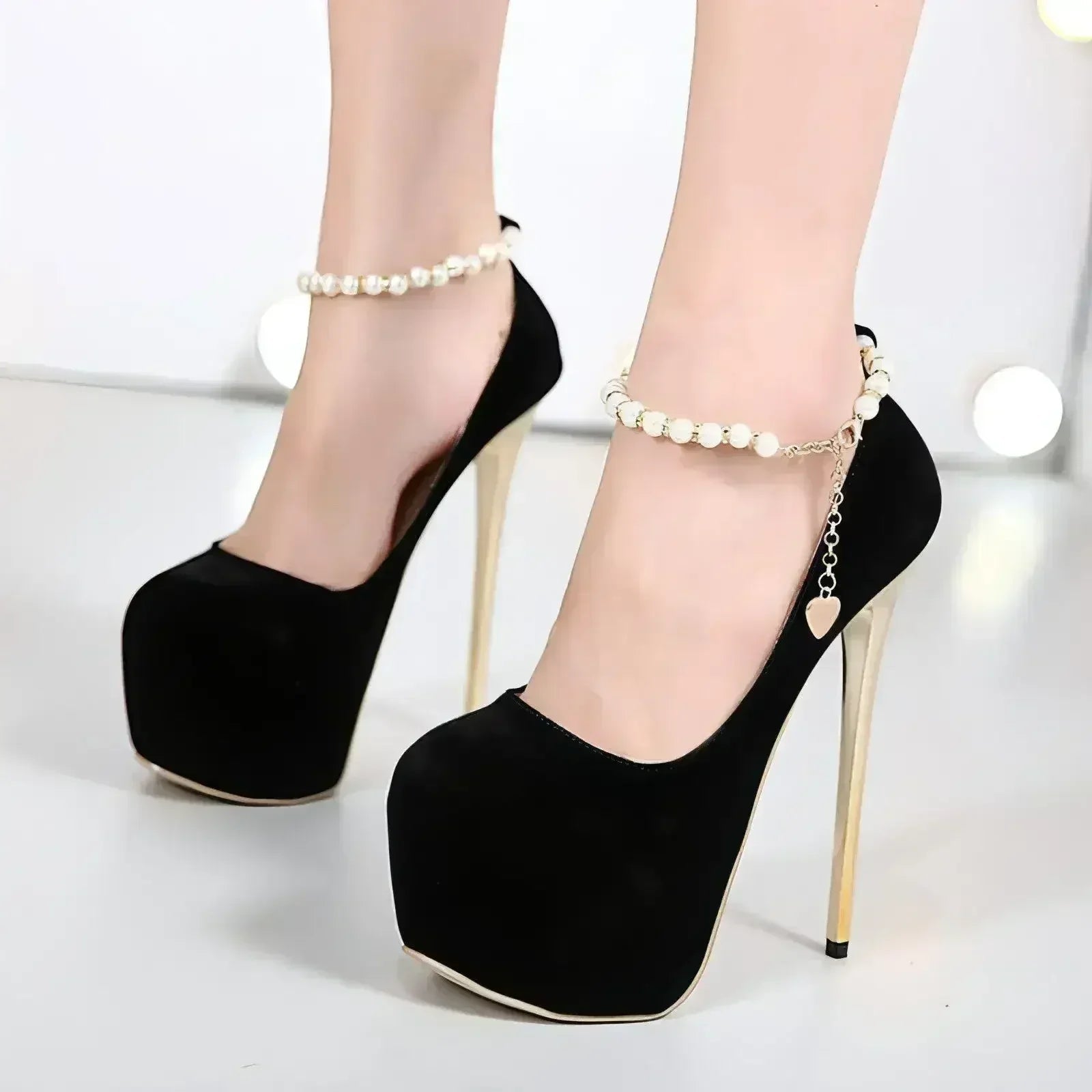 Femstylo high heel platform pumps with stiletto heels, stylish work-to-party shoes in black leather, featuring a sleek design and comfort.