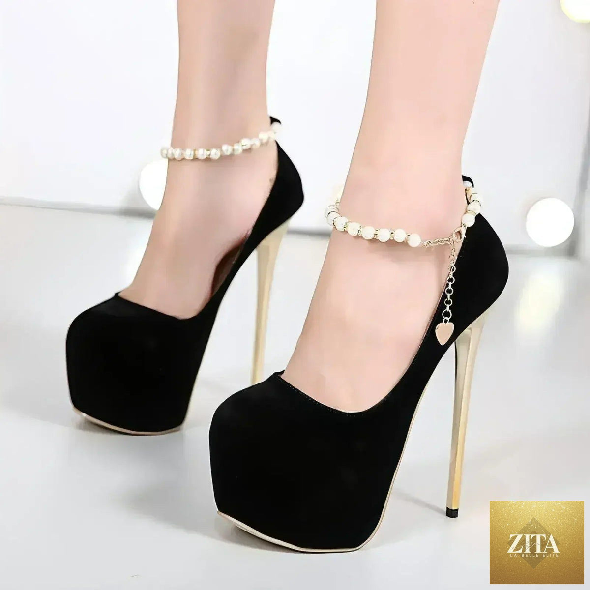 Femstylo high heel platform pumps with stiletto heels, stylish work-to-party shoes in black leather, featuring a sleek design and comfort.