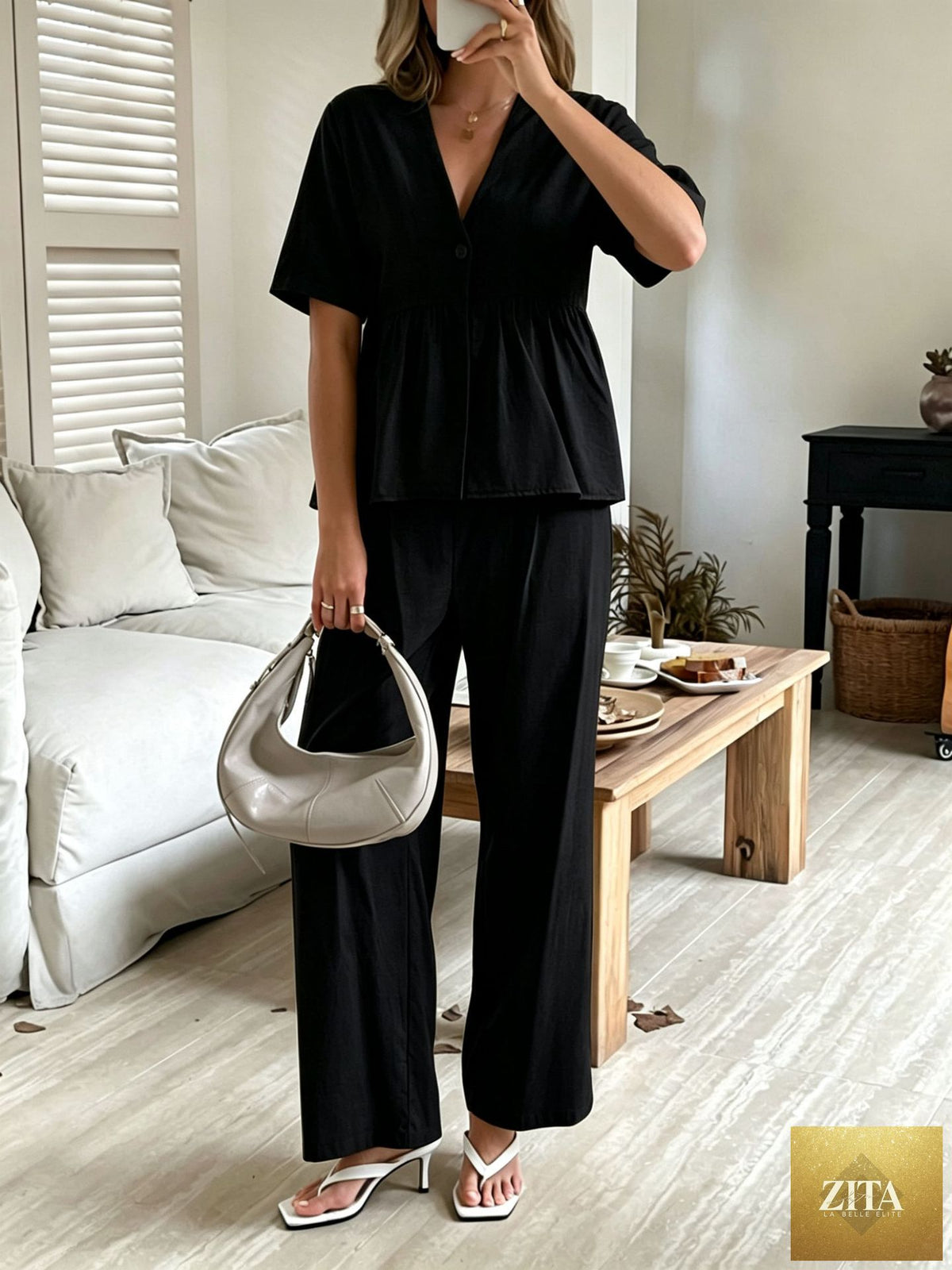 Zita La Belle Elite women's casual V-neck short-sleeve top and wide-leg pants set, shown in a relaxed fit, neutral color.