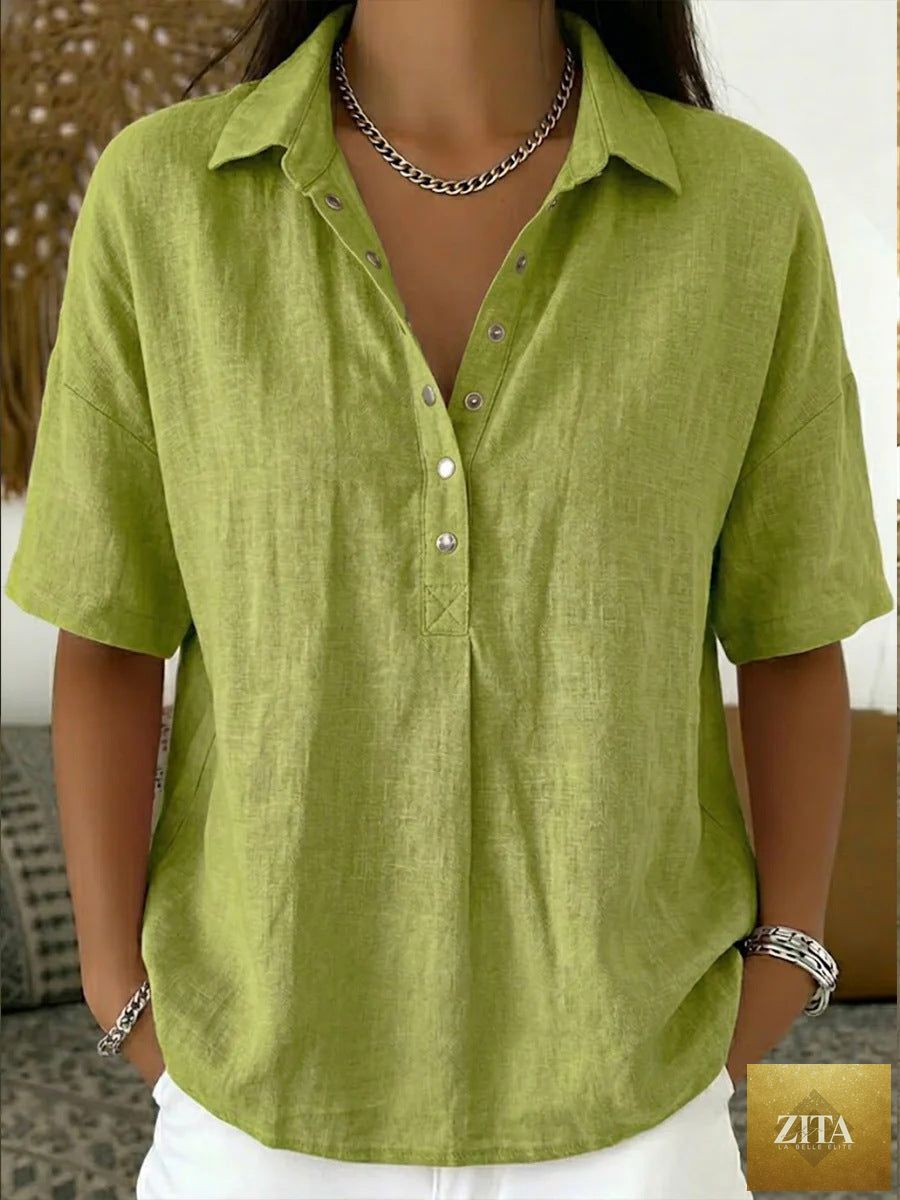 Zita La Belle Elite short sleeve button pullover shirt in solid color, women's top with a classic collar and relaxed fit.