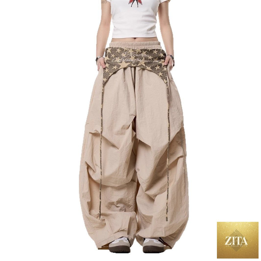 Women's relaxed casual American-style layered cargo pants with tie details, featuring a comfortable fit and stylish design.