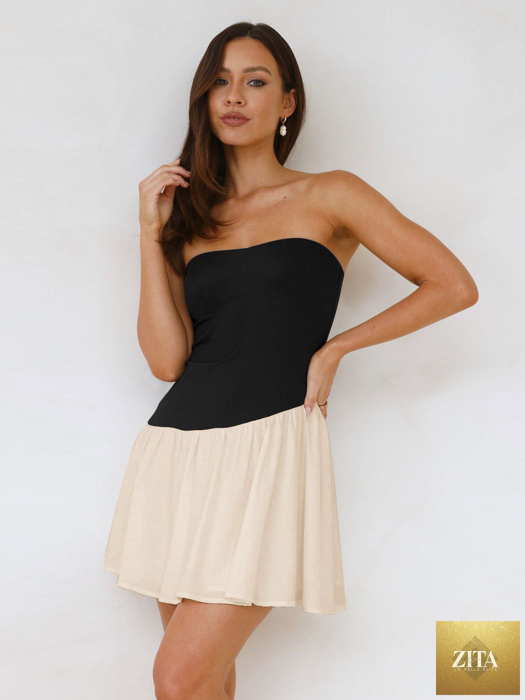 Women's pleated color block tube top dress by Zita La Belle Elite, featuring a casualwear style with a fitted, sleeveless design.