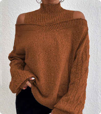 Women’s elegant off-shoulder turtleneck sweater by FitiqueFit, featuring long sleeves and knit fabric, perfect for casual wear.
