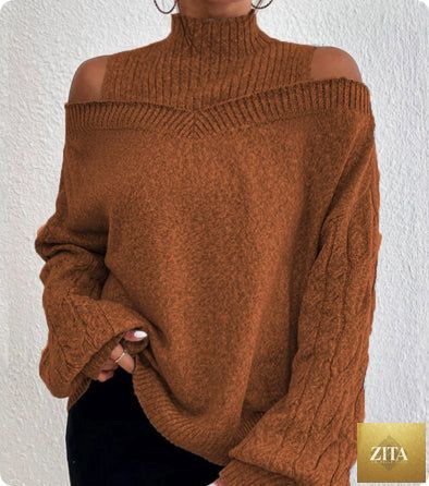 Women’s elegant off-shoulder turtleneck sweater by FitiqueFit, featuring long sleeves and knit fabric, perfect for casual wear.