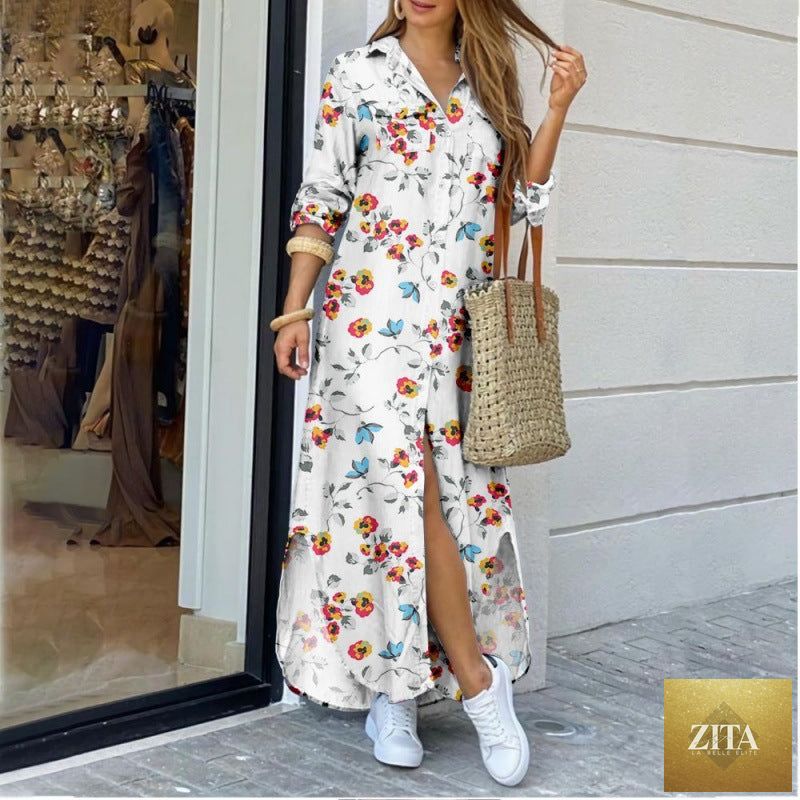 Women's floral print midi shirt dress with lapel collar and relaxed fit from Zita La Belle Elite, shown in a stylish long dress design.